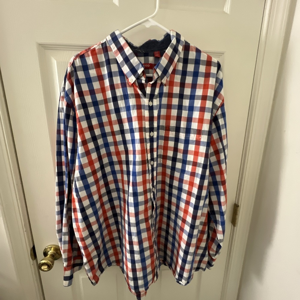 Izod Men's XXLarge XXL Red/Blue Checked Long Sleeve Button 100% Cotton